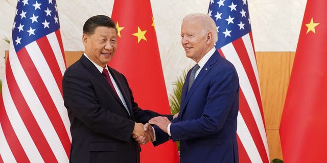 President Biden shakes hands with Chinese President Xi Jinping in Bali, Indonesia, on Nov. 14.  