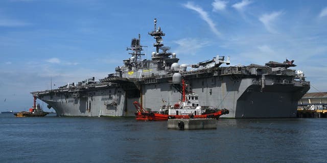 The US Navys USS Tripoli (LHA-7) amphibious assault ship is seen during a port call at the Port Area in Manila on September 27, 2022.