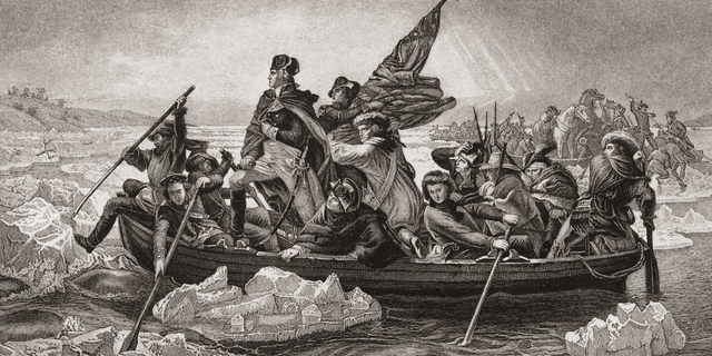 Washington crossing the Delaware, near Trenton, New Jersey, Christmas 1776. George Washington (1732-1799), first president of the United States; from English and Scottish history, published 1882. 