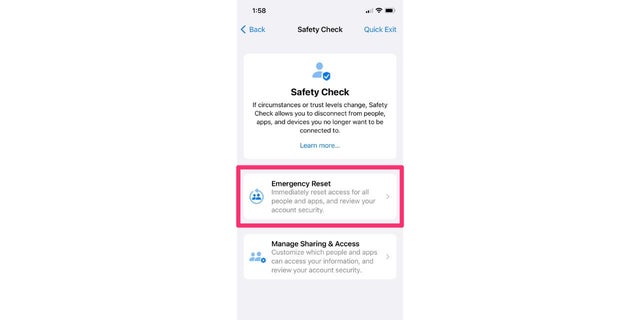 The first feature to take a look at within Safety Check is Emergency Reset. This is available for anyone who wants to immediately reset access for all people and apps, as well as review and reset all settings associated with an Apple ID.