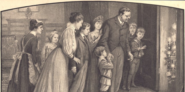 Theodore Roosevelt's son, Archibald, 8, surprised the first family by sneaking a Christmas tree into the White House on Christmas Day 1902. The caption reads, "None appeared more astonished than Mr. Roosevelt." The incident helped inspire Americans' interest in Christmas trees at home. George Varian drawing. 