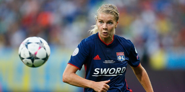 FILE - In this Thursday, May 24, 2018 file photo, Lyon's Ada Hegerberg eyes the ball during their Women's Champions League Final soccer match against Wolfsburg at the Valeriy Lobanovskiy stadium in Kyiv, Ukraine.