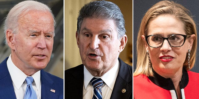 Party leaders in West Virginia say West Virginia Sen. Joe Manchin, flanked by President Biden and Arizona Sen. Kyrsten Sinema, is likely to stay loyal to the Democratic Party.