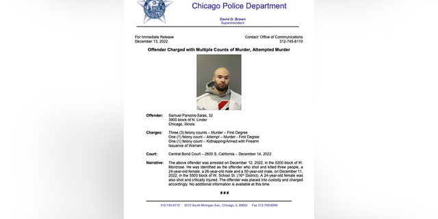 A Chicago Police Department press release shows Samuel Parsons-Salas, 32, and the charges against him. 