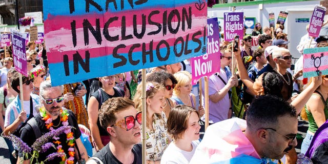 A protester voices support for the promotion of transgender ideology in schools during a pro-transgender march.
