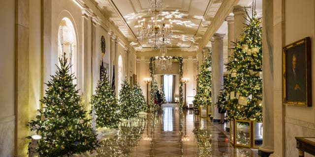 Christmas decorations are seen in the entrance and cross hall of the White House as part of first lady Jill Biden's "We the People" decorative theme in Washington, D.C., on Nov. 28, 2022. 