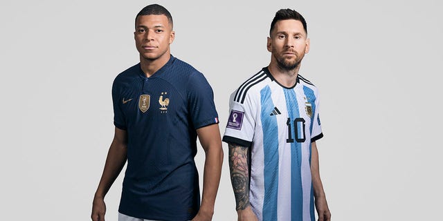 In this composite image, a comparison has been made between (L-R) Kylian Mbappe of France and Lionel Messi of Argentina, who are posing during the official FIFA World Cup 2022 portrait sessions. Argentina and France meet in the final of the FIFA World Cup Qatar 2022. 