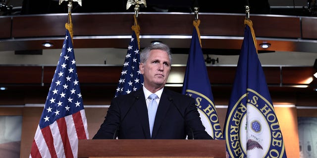 House Minority Leader Kevin McCarthy (R-CA) speaks at a press conference at the Capitol building on August 27, 2021 in Washington, DC.