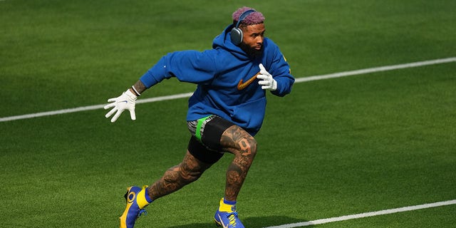 Odell Beckham Jr. #3 of the Los Angeles Rams warms up prior to the NFL Super Bowl LVI football game against the Cincinnati Bengals at SoFi Stadium on February 13, 2022, in Inglewood, California. 