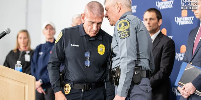 University of Virginia Police Chief, Timonty J. Longo, Sr., is informed by a Virginia State Police Chief Captain that the suspect in the shooting, Christopher Darnell Jones, Jr., is in custody. The announcement was made at a mid-morning press conference Monday, November 14, 2022. 