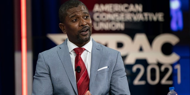 Jack Brewer, former safety for the Minnesota Vikings, speaks during a panel discussion at the Conservative Political Action Conference in Orlando, Florida, on Feb. 27, 2021.