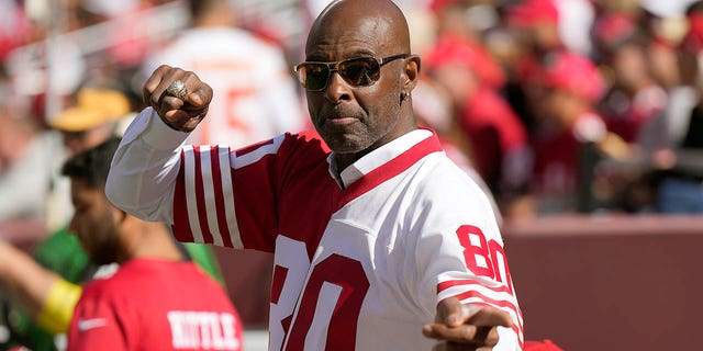 Former San Francisco 49er and Hall of Famer Jerry Rice cheer during the game against the Kansas City Chiefs at Levi's Stadium on Oct. 23, 2022 in Santa Clara, California.