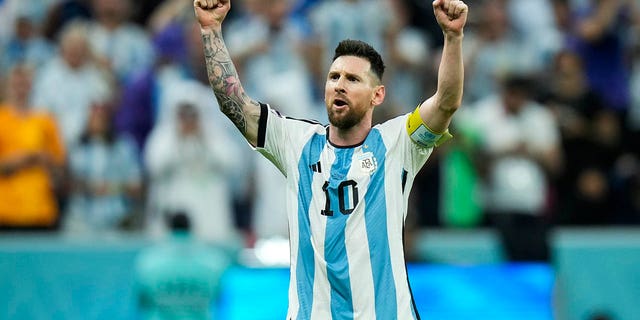 Argentina's Lionel Messi celebrates after scoring Argentina's second goal during a World Cup quarterfinal soccer against the Netherlands at the Lusail Stadium in Lusail, Qatar, Friday, Dec. 9, 2022. 