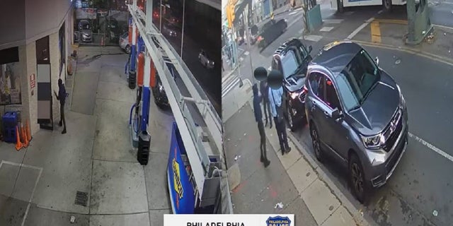 A side-by-side view of video footage of shootings in Philadelphia and New York City.