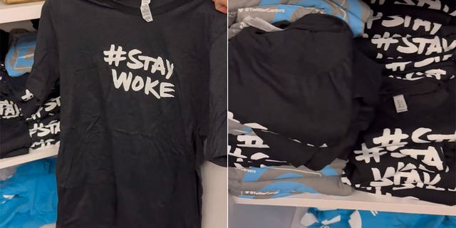 A split image of the "woke" t-shirts Elon Musk found in a closet at Twitter headquarters.