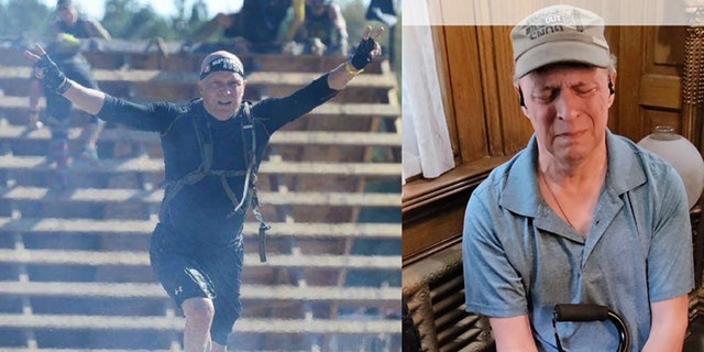 Above left, Schartel is shown during an extreme sporting event pre-diagnosis. On the right, Schartel suffering the spasms and pain of SPS.