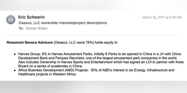 In March 2017, Eric Schwerin sent Hunter Biden some of his ownership interests and project descriptions, which included "30% of ABD’s interest in six energy, infrastructure and healthcare projects in Western Africa."