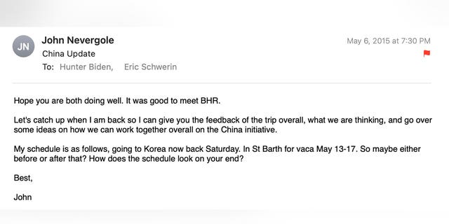 In May 2015, John Nevergole told Hunter Biden and Eric Schwerin that it was "good to meet BHR" and that he wanted to catch up with them to "go over some ideas on how we can work together overall on the China initiative."