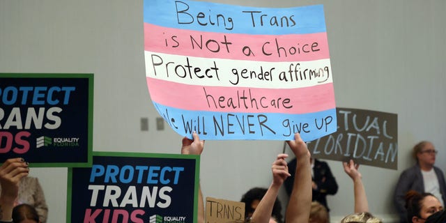 People hold signs during a joint board meeting of the Florida Board of Medicine and the Florida Board of Osteopathic Medicine gather to establish new guidelines limiting gender-affirming care in Florida, on Nov. 4, 2022.