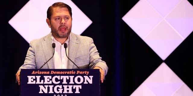 Rep. Ruben Gallego speaks to supporters at an election night watch party on Nov. 8, 2022, in Phoenix, Arizona.